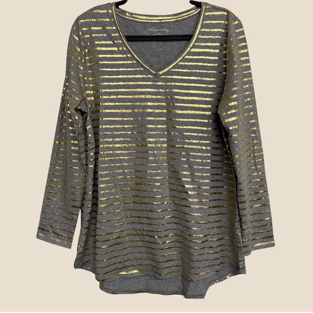Soft Surroundings Large Isabel Long Sleeve Tunic Top Gray with Gold Foil Stripe
